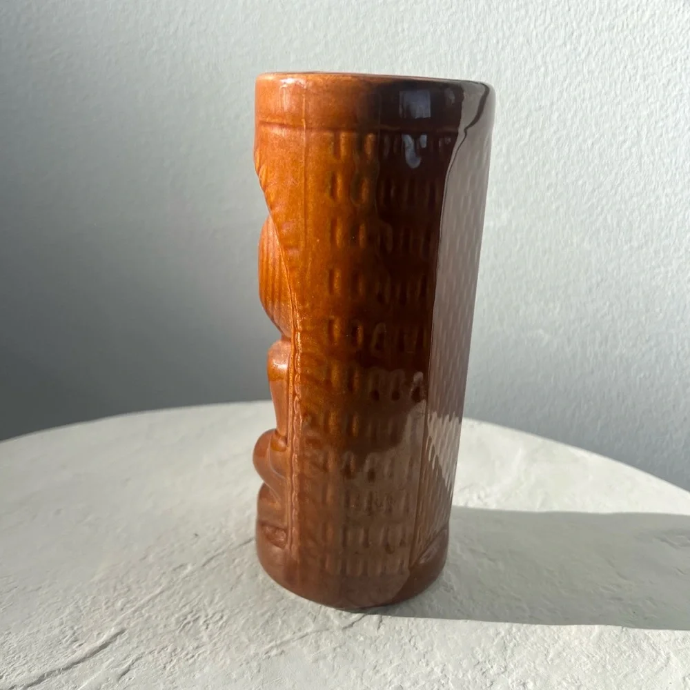 VINTAGE BROWN TROPICAL TIKI VIBES MUG GLASS CERAMIC BARWARE TUMBLER‎